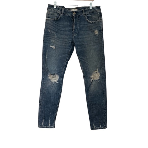 Zara Men’s Slim Button fly Distressed Jeans Blue 34x29 - Picture 1 of 8